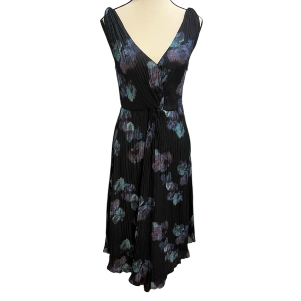 Vince Black Floral Pleated Silk Midi Dress Size 4 Twist Waist - Picture 7 of 14